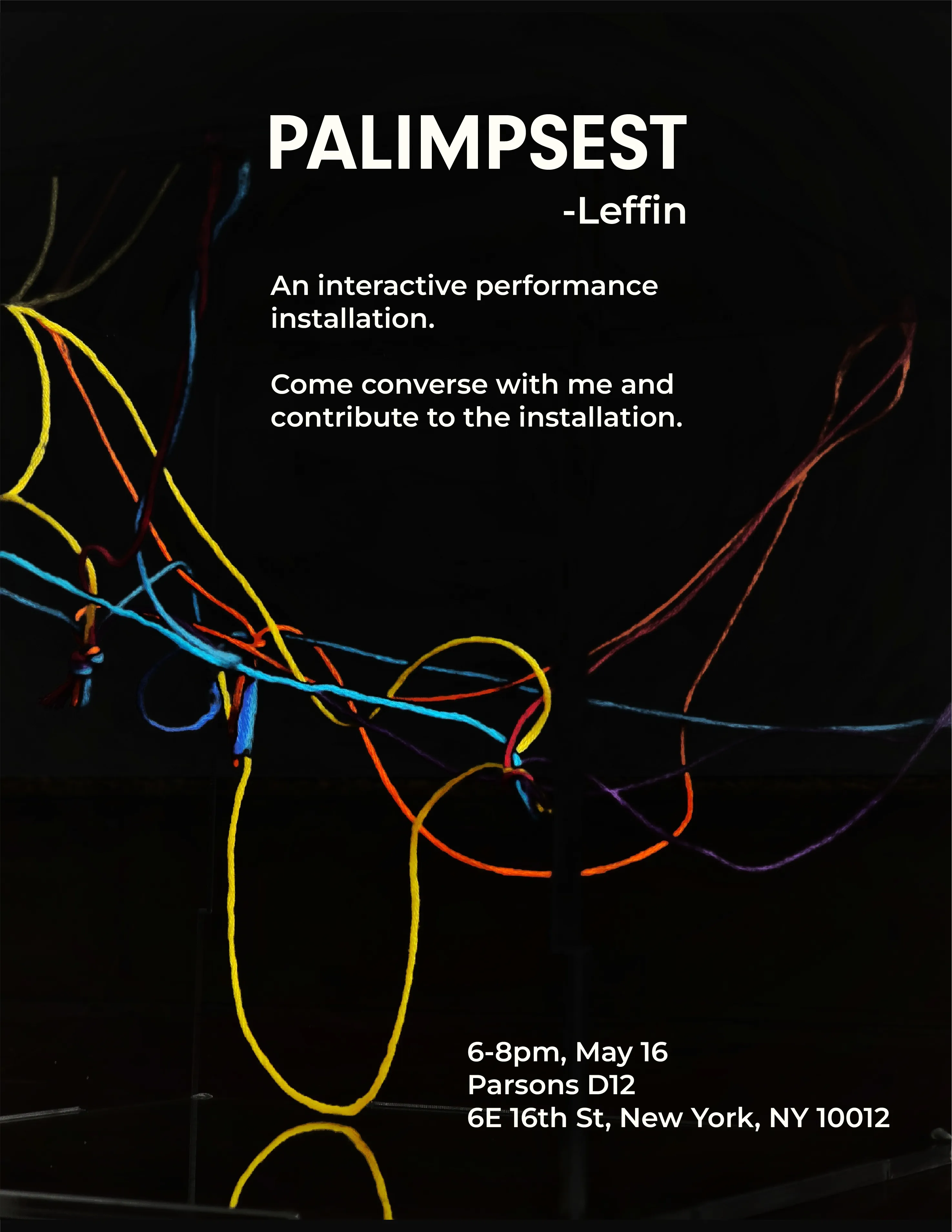 Event poster featuring colorful threads against a black background